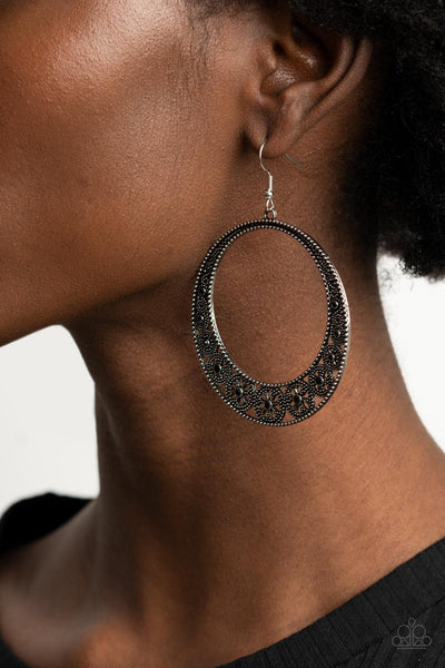 BODACIOUSLY BLOOMING - BLACK RHINESTONE SILVER CIRCLE EARRINGS - PAPARAZZI