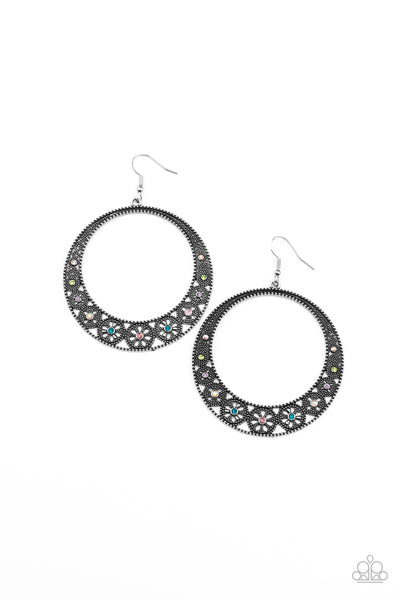 BODACIOUSLY BLOOMING - MULTI COLORED RHINESTONE SILVER CIRCLE EARRINGS - PAPARAZZI