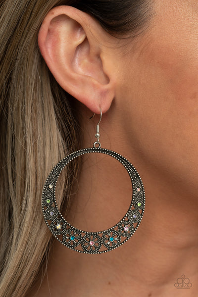 BODACIOUSLY BLOOMING - MULTI COLORED RHINESTONE SILVER CIRCLE EARRINGS - PAPARAZZI