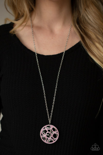 THANKS A MEDALLION - PINK RHINESTONE SILVER PENDANT NECKLACE - PAPARAZZI
