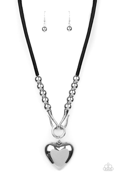 FORBIDDEN LOVE - BLACK CORD SILVER HEART PENDANT NECKLACE - PAPARAZZI