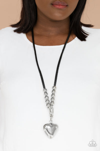 FORBIDDEN LOVE - BLACK CORD SILVER HEART PENDANT NECKLACE - PAPARAZZI
