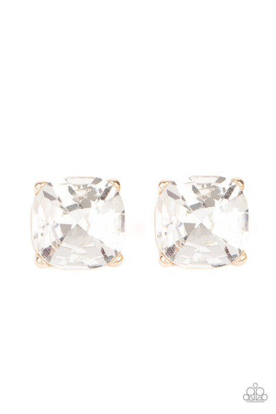 ROYALTY HIGH - GOLD FRAME WHITE GEM POST EARRINGS - PAPARAZZI