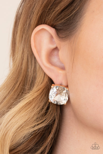ROYALTY HIGH - GOLD FRAME WHITE GEM POST EARRINGS - PAPARAZZI