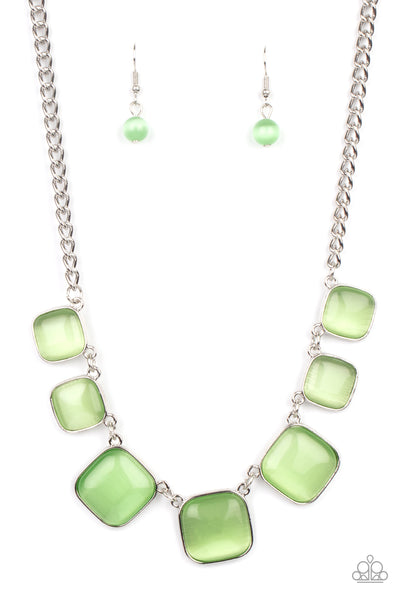 AURA ALLURE - GREEN CAT'S EYE SQUARE STONE SILVER NECKLACE - PAPARAZZI