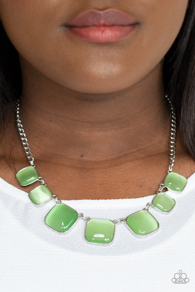 AURA ALLURE - GREEN CAT'S EYE SQUARE STONE SILVER NECKLACE - PAPARAZZI