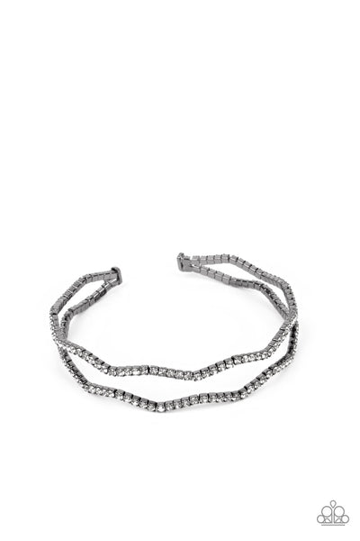 DELICATE DAZZLE - BLACK GUNMETAL RHINESTONE STRETCHY COIL CUFF BRACELET - PAPARAZZI