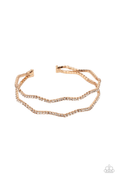 DELICATE DAZZLE - GOLD WHITE RHINESTONE STRETCHY CUFF BRACELET - PAPARAZZI