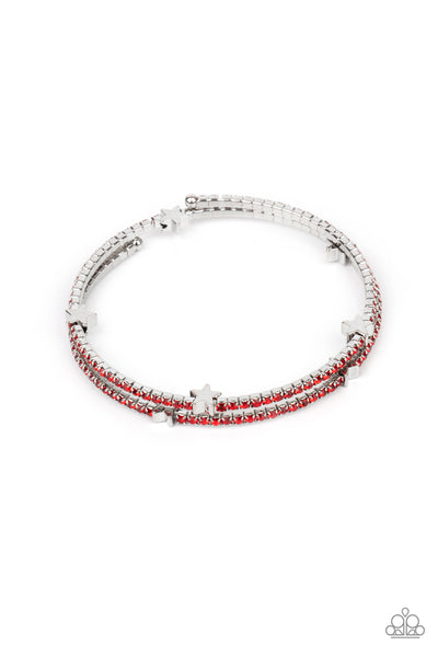 LET FREEDOM BLING - RED RHINESTONE SILVER STAR COIL BRACELET - PAPARAZZI