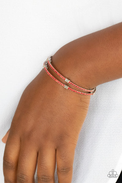 LET FREEDOM BLING - RED RHINESTONE SILVER STAR COIL BRACELET - PAPARAZZI