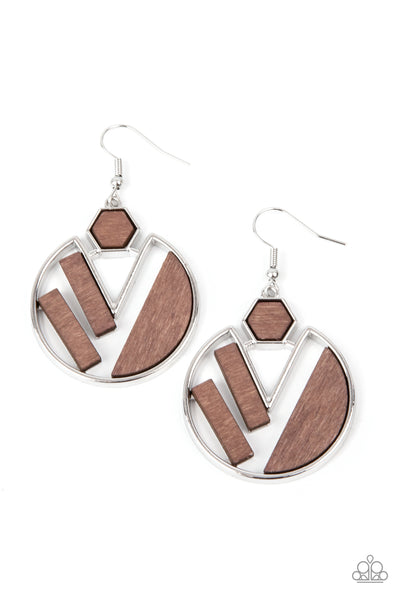 PETRIFIED POSH - BROWN WOOD SILVER CIRCLE EARRINGS - PAPARAZZI
