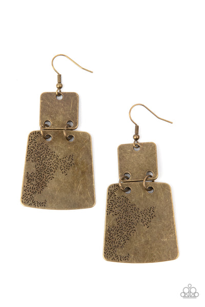 TAGGING ALONG - BRASS RECTANGULAR PLATE EARRINGS - PAPARAZZI