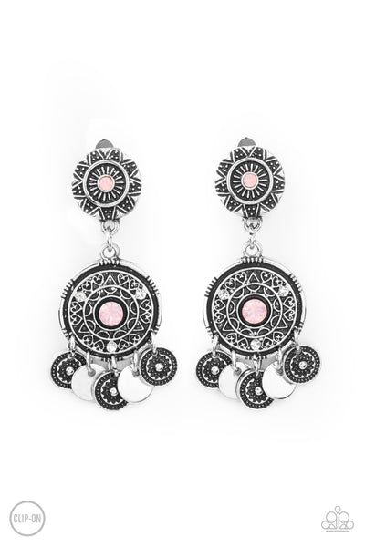 A DREAMCATCHER COME TRUE - PINK OPALESCENT RHINESTONE SILVER CLIP-ON EARRINGS - PAPARAZZI