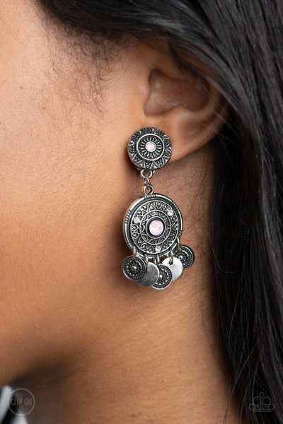A DREAMCATCHER COME TRUE - PINK OPALESCENT RHINESTONE SILVER CLIP-ON EARRINGS - PAPARAZZI