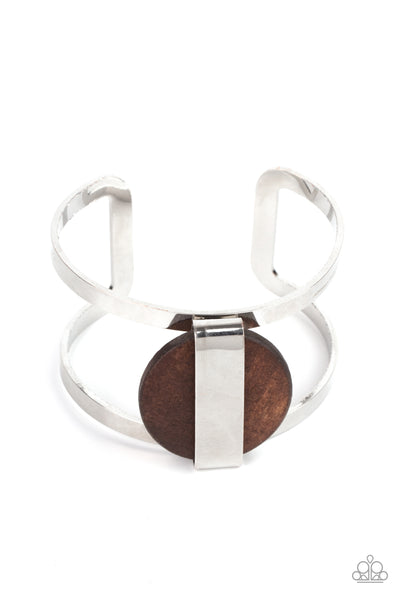 ORGANIC FUSION - BROWN WOODEN CIRCLE SILVER CUFF BRACELET - PAPARAZZI