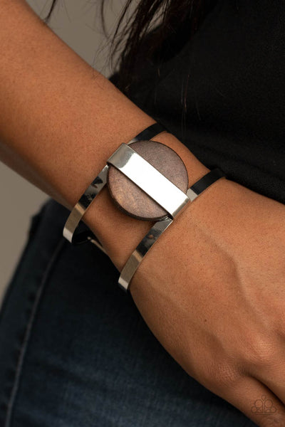 ORGANIC FUSION - BROWN WOODEN CIRCLE SILVER CUFF BRACELET - PAPARAZZI