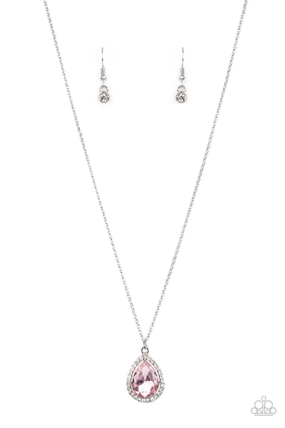 DUCHESS DECORUM - PINK TEARDROP RHINESTONE SILVER NECKLACE - PAPARAZZI