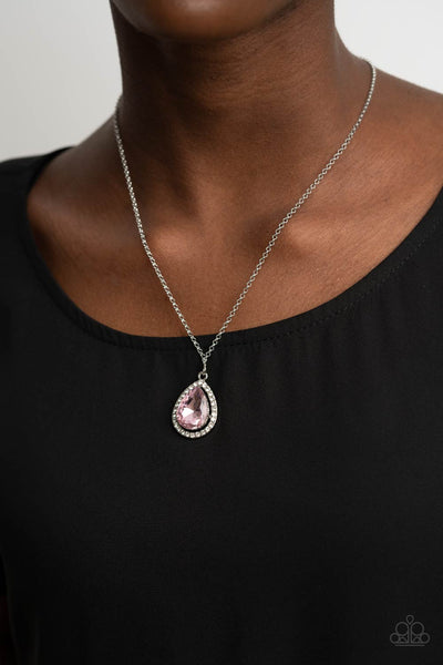 DUCHESS DECORUM - PINK TEARDROP RHINESTONE SILVER NECKLACE - PAPARAZZI
