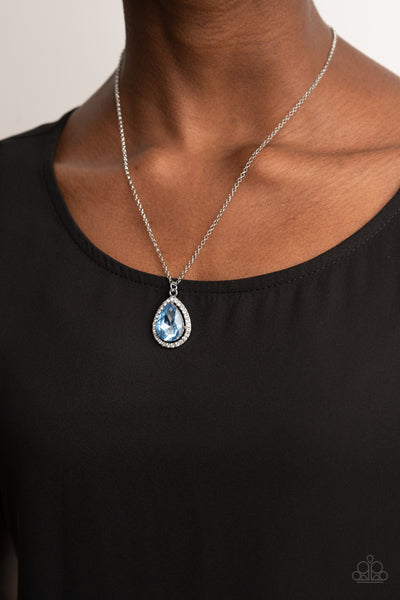 DUCHESS DECORUM - BLUE RHINESTONE TEARDROP PENDANT NECKLACE - PAPARAZZI