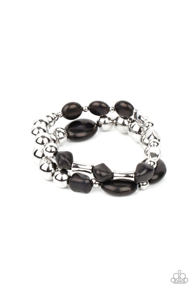 AUTHENTICALLY ARTISAN - BLACK STONE SILVER BEAD STRETCHY - PAPARAZZI