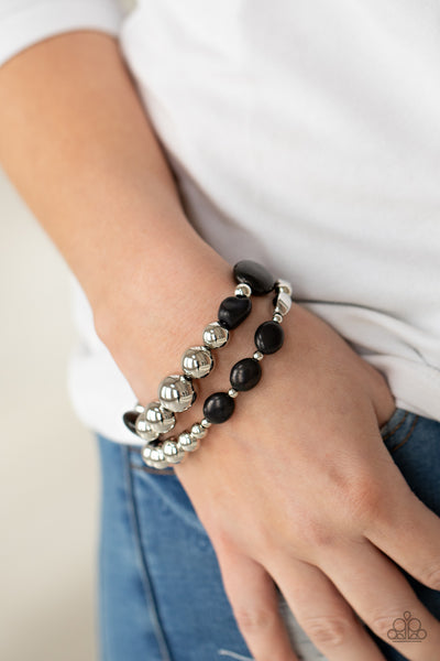 AUTHENTICALLY ARTISAN - BLACK STONE SILVER BEAD STRETCHY - PAPARAZZI