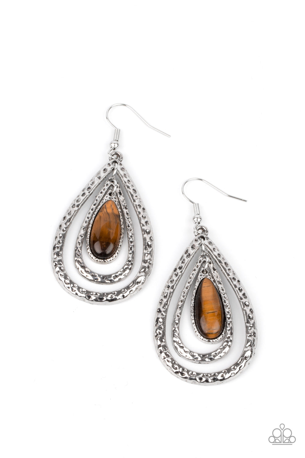 TEARDROP TORRENT - BROWN TIGER'S EYE SILVER TEARDROP EARRINGS - PAPARAZZI