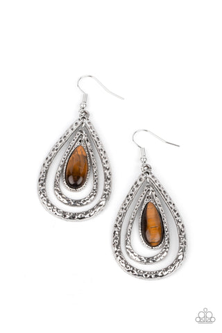 TEARDROP TORRENT - BROWN TIGER'S EYE SILVER TEARDROP EARRINGS - PAPARAZZI