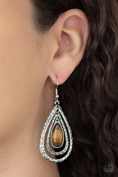 TEARDROP TORRENT - BROWN TIGER'S EYE SILVER TEARDROP EARRINGS - PAPARAZZI