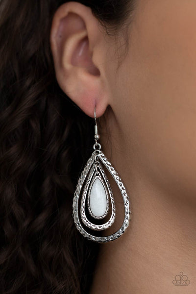 TEARDROP TORRENT - WHITE TEARDROP STONE SILVER TEARDROP EARRINGS - PAPARAZZI