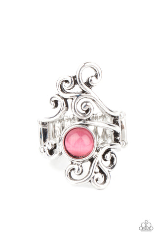 GLIMMERING GRAPEVINES - PINK CAT'S EYE STONE SILVER FLORAL RING - PAPARAZZI