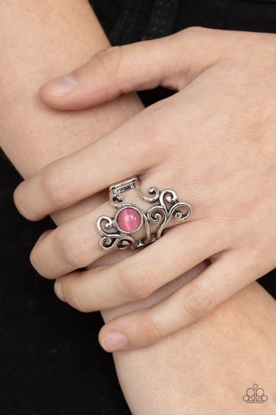 GLIMMERING GRAPEVINES - PINK CAT'S EYE STONE SILVER FLORAL RING - PAPARAZZI
