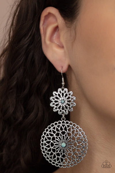 GARDEN MANTRA - BLUE OPAL RHINESTONE SILVER CIRCLE EARRINGS - PAPARAZZI