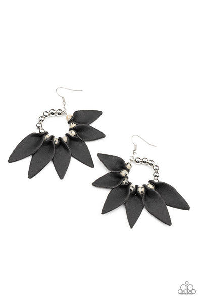 FLOWER CHILD FEVER - BLACK LEATHER FLORAL PETAL SILVER EARRINGS - PAPARAZZI