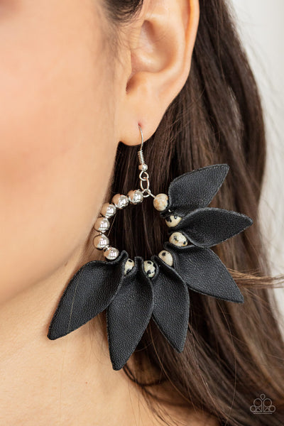 FLOWER CHILD FEVER - BLACK LEATHER FLORAL PETAL SILVER EARRINGS - PAPARAZZI