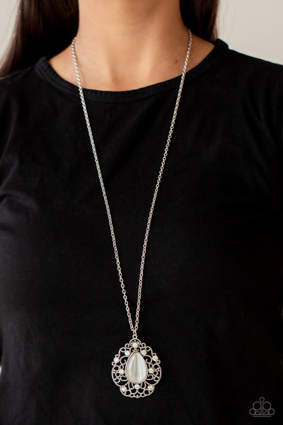BEWITCHED BEAM - WHITE CAT'S EYE SILVER PENDANT NECKLACE - PAPARAZZI