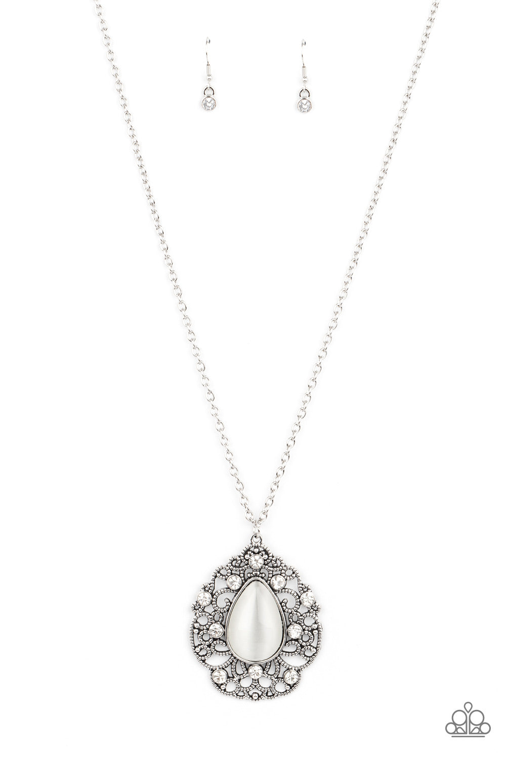 BEWITCHED BEAM - WHITE CAT'S EYE SILVER PENDANT NECKLACE - PAPARAZZI