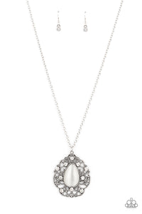 BEWITCHED BEAM - WHITE CAT'S EYE SILVER PENDANT NECKLACE - PAPARAZZI