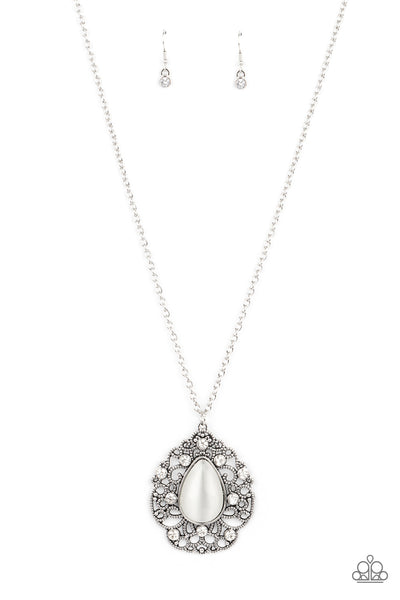 BEWITCHED BEAM - WHITE CAT'S EYE SILVER PENDANT NECKLACE - PAPARAZZI