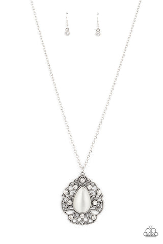BEWITCHED BEAM - WHITE CAT'S EYE SILVER PENDANT NECKLACE - PAPARAZZI