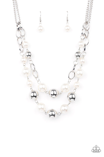 COUNTESS YOUR BLESSINGS - WHITE PEARL SILVER BEAD LAYERED NECKLACE - PAPARAZZI