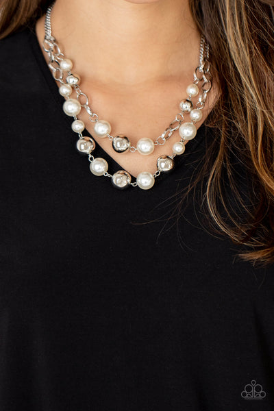 COUNTESS YOUR BLESSINGS - WHITE PEARL SILVER BEAD LAYERED NECKLACE - PAPARAZZI