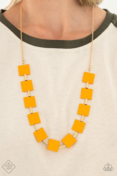 HELLO, MATERIAL GIRL - ORANGE SQUARE GOLD NECKLACE - FASHION FIX EXCLUSIVE APRIL 2021 - PAPARAZZI
