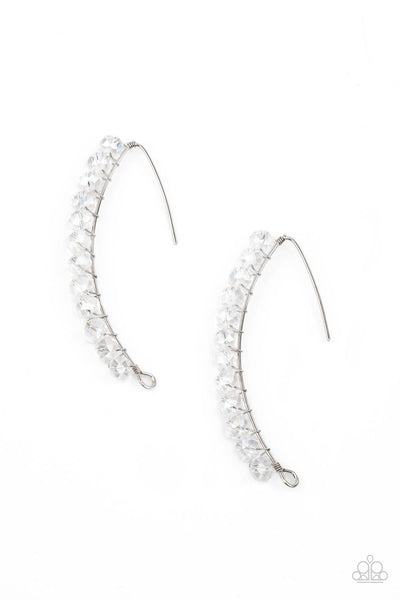 GLOW HANGING FRUIT - WHITE IRIDESCENT RHINESTONE CURVED POST EARRINGS - PAPARAZZI