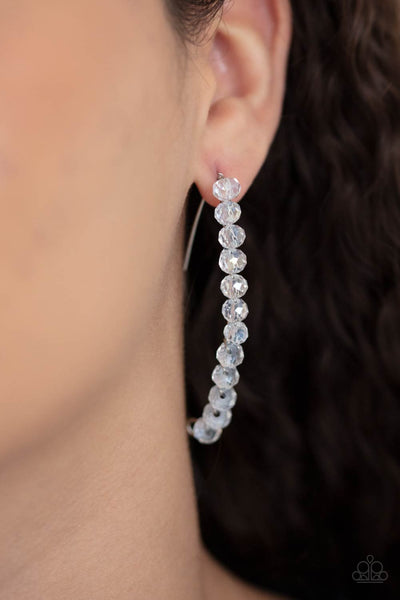 GLOW HANGING FRUIT - WHITE IRIDESCENT RHINESTONE CURVED POST EARRINGS - PAPARAZZI