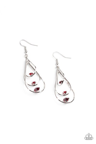 DROP DOWN DAZZLE - RED RHIENSTONE SILVER TEARDROP EARRINGS - PAPARAZZI