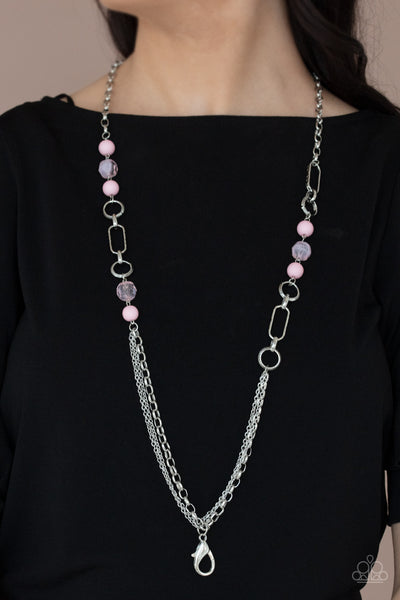 POP-ULAR OPINION - PINK BEAD SILVER LANYARD NECKLACE - PAPARAZZI