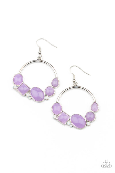 BEAUTIFULLY BUBBLICIOUS - PURPLE BEAD OPALESCENT RHINESTONE SILVER CIRCLE EARRINGS - PAPARAZZI