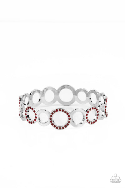 FUTURE, PAST, AND POLISHED -RED RHINESTONE SILVER CIRCLE BANGLE BRACELET