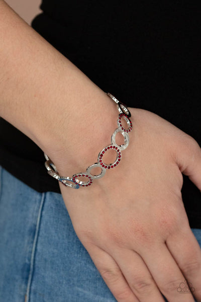 FUTURE, PAST, AND POLISHED -RED RHINESTONE SILVER CIRCLE BANGLE BRACELET