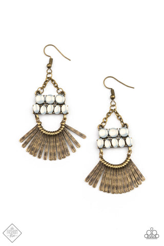 A FLARE FOR FIERCENESS - BRASS FRAME WHITE OPALESCENT BEAD EARRINGS - FASHION FIX MAY 2021 - PAPARAZZI